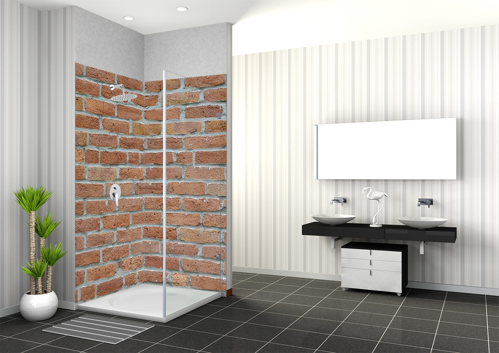 Duschrückwand mit Backsteinoptik in modernem Badezimmer, Dusche mit Glaswand, zwei Waschbecken und Pflanzen.