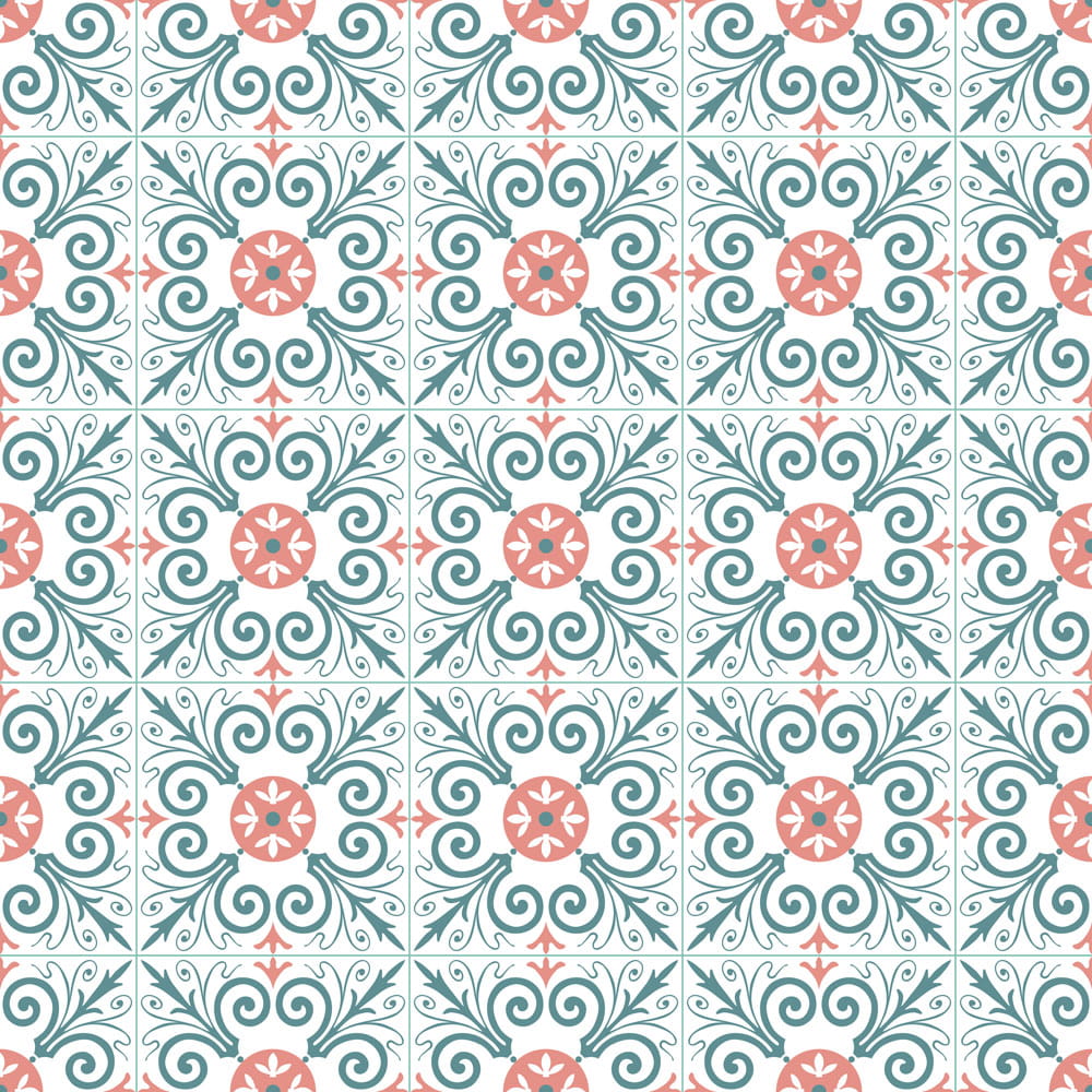 Muster von portugiesischen Fliesen mit floralen Motiven in Blau, Rosa und Weiß.