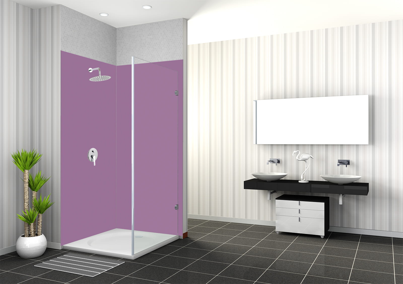 Badezimmer mit Duschbereich in Pastellviolett, zwei Waschbecken und modernen Armaturen.