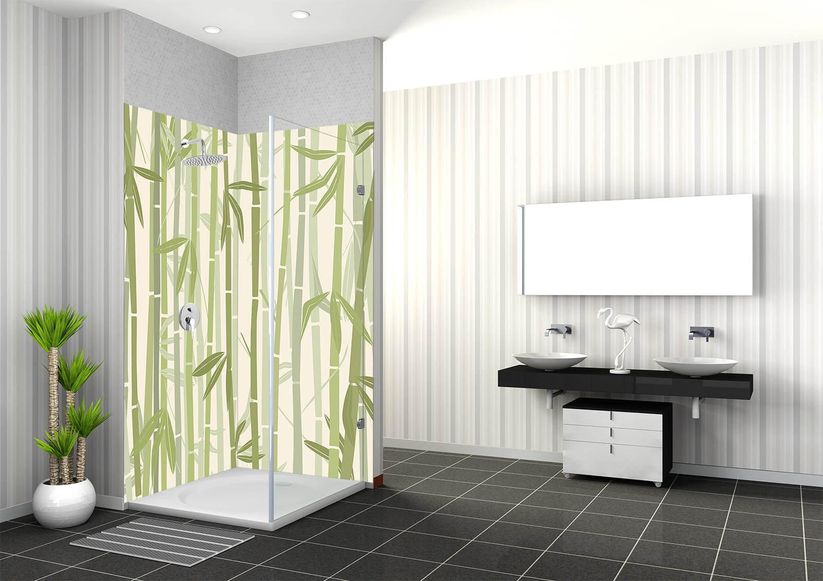 Duschbereich mit Bambusmuster-Wandverkleidung, modernen Waschbecken und Pflanzen im Badezimmer.