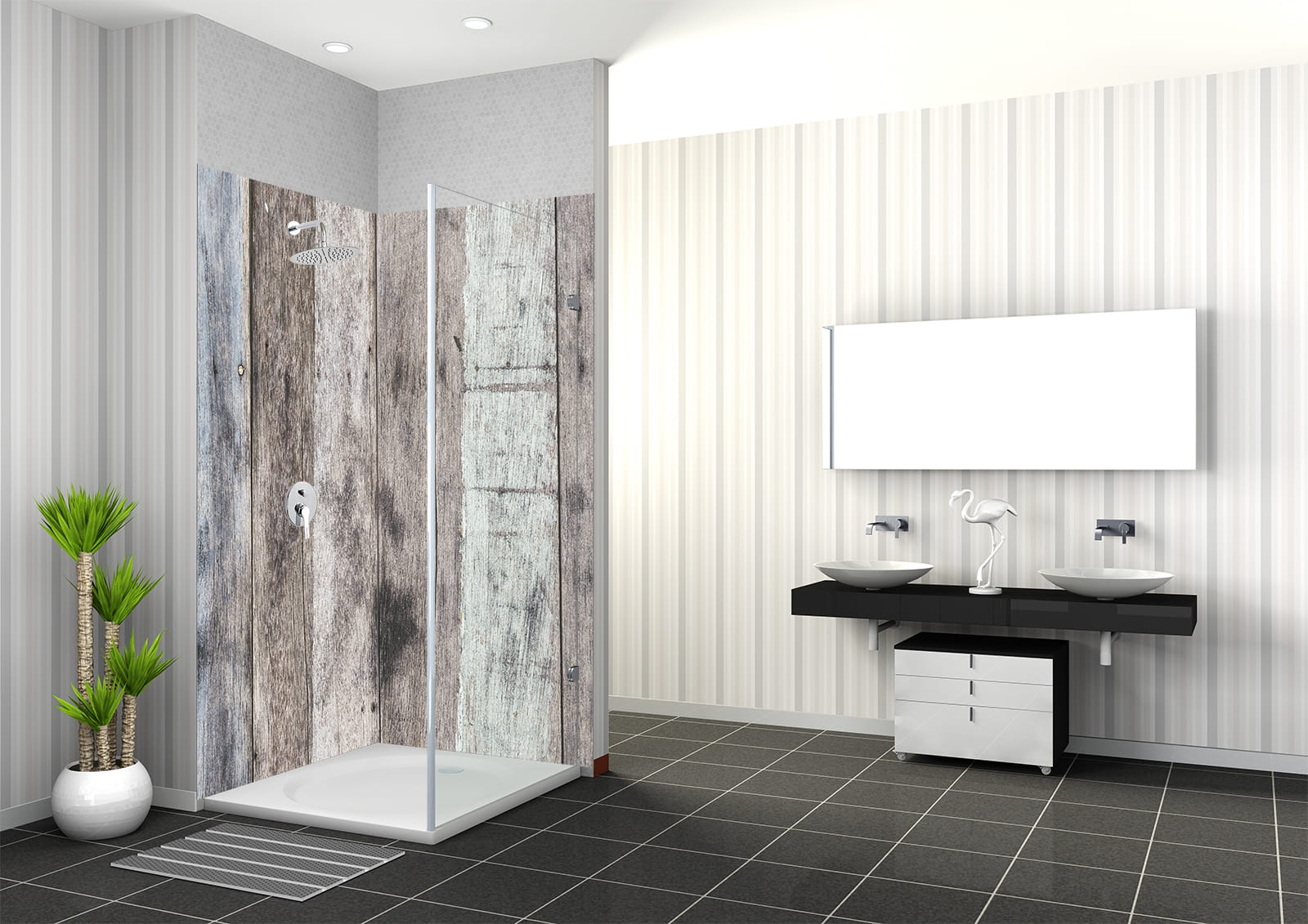 Badezimmer mit Dusche, Wänden in Holzoptik und modernen Waschbecken.