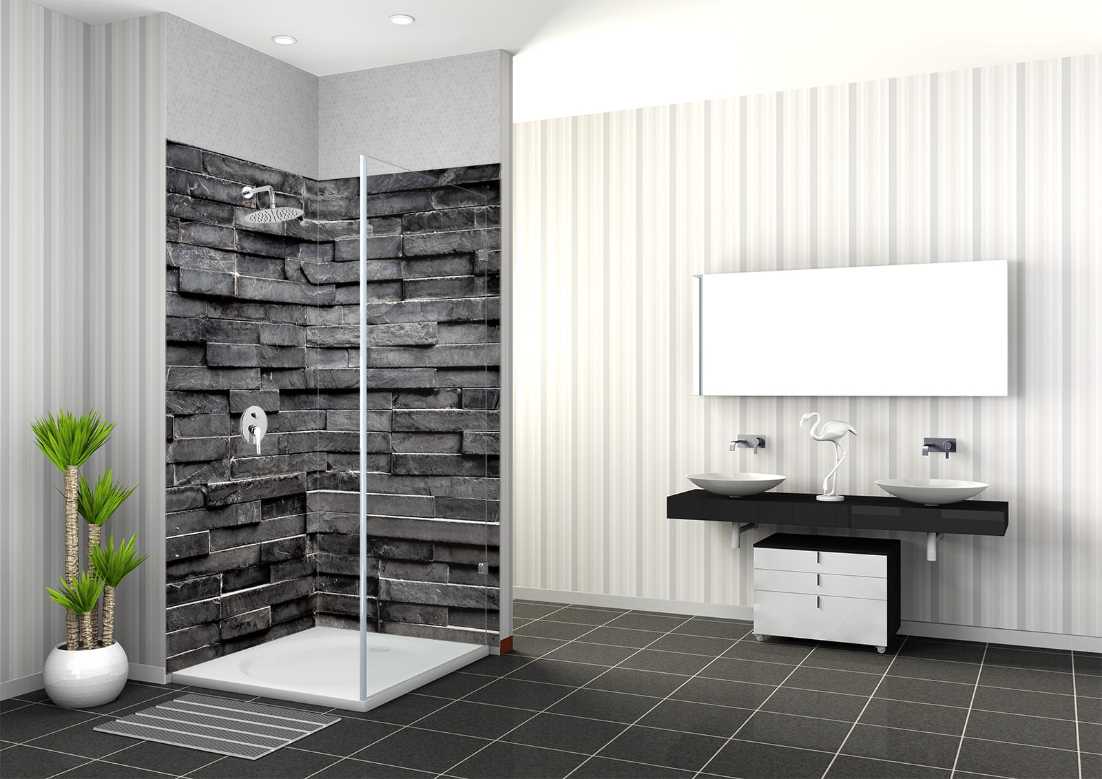 Badezimmer mit schwarzer Steinwand, Dusche und zwei Waschbecken auf einem schwarzen Unterschrank.