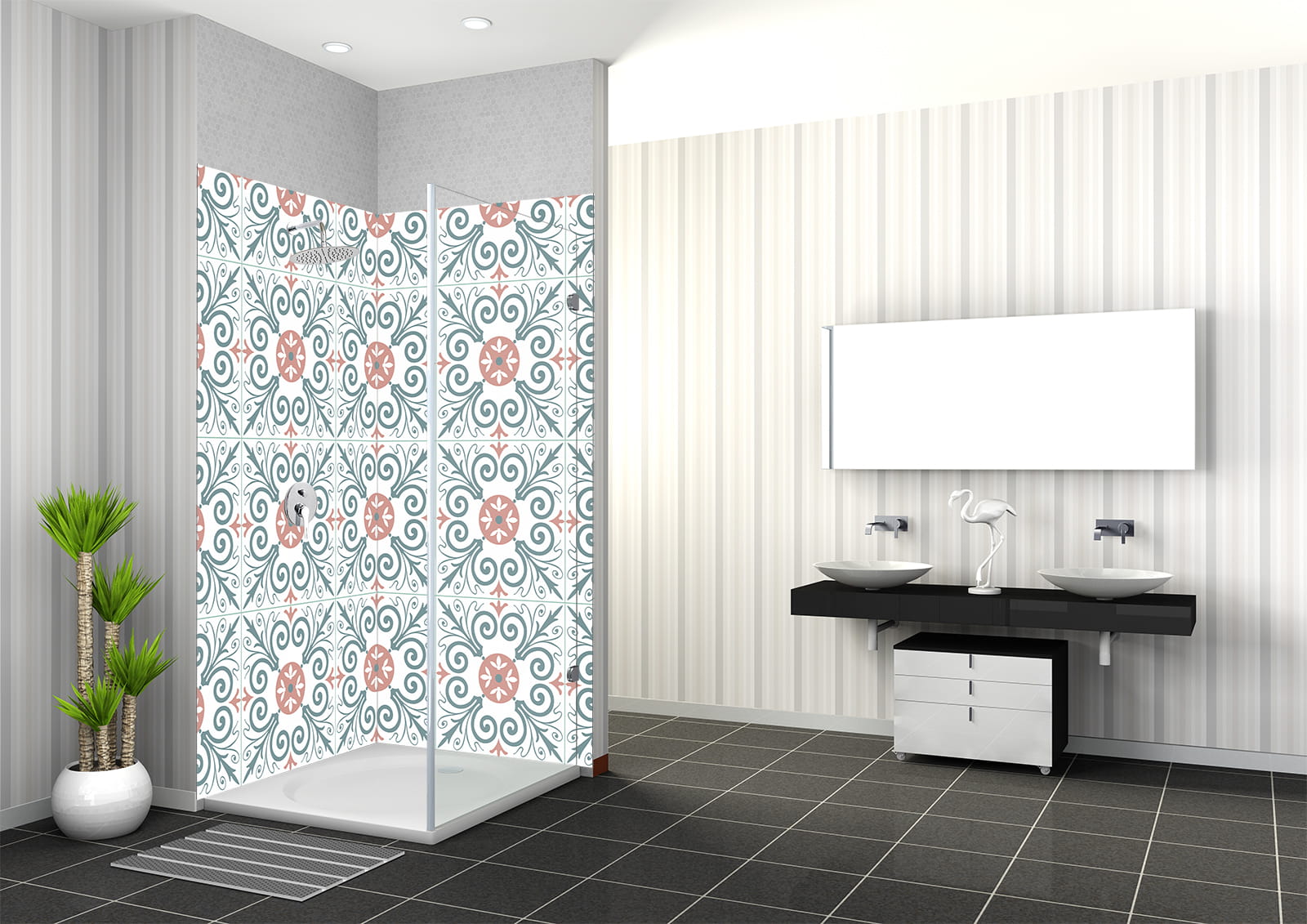 Mosaikfliesen mit portugiesischem Design in einer modernen Badezimmerdusche, umgeben von hellen Wänden und einem eleganten Waschbecken.