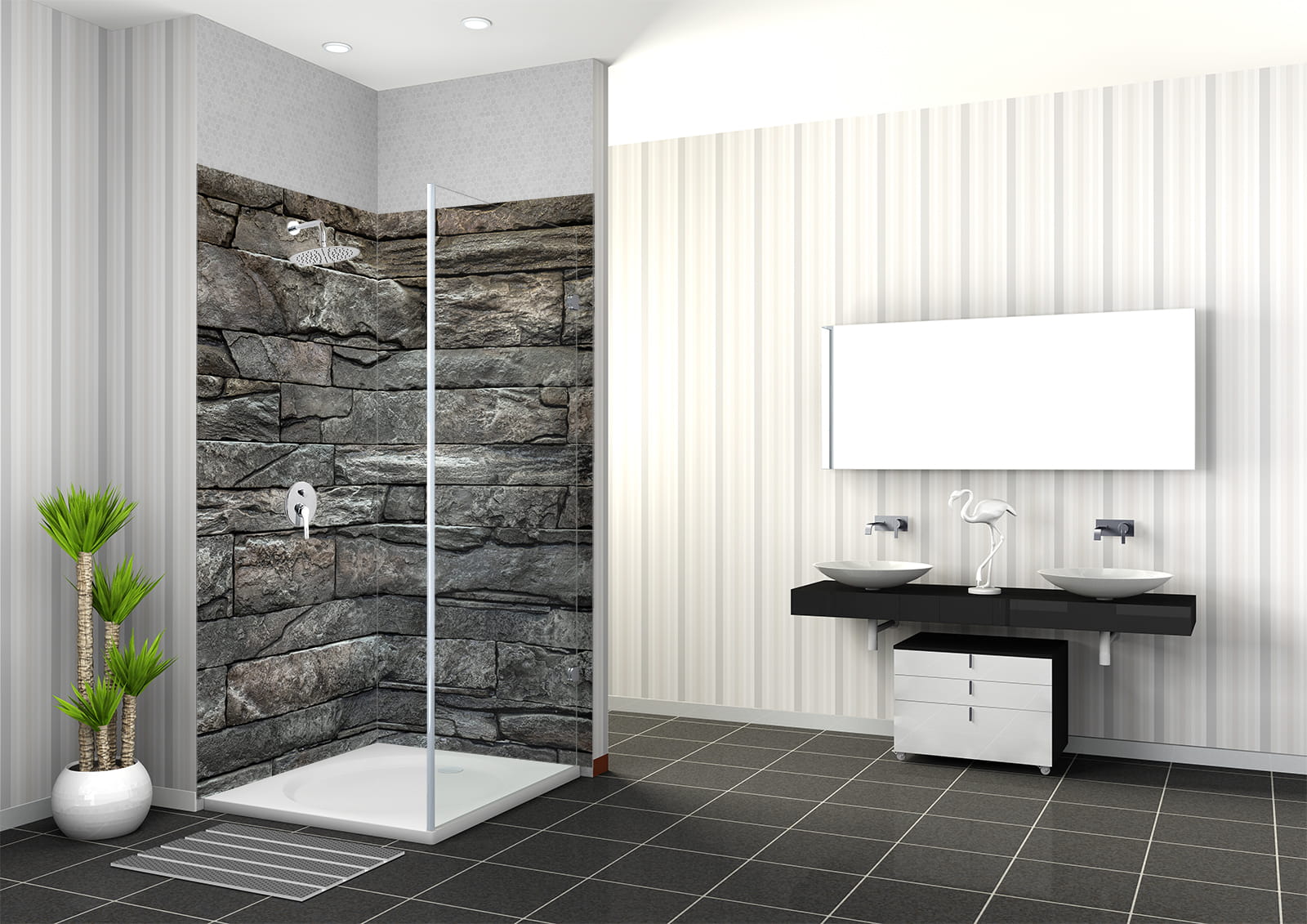 Badezimmer mit Duschbereich, der mit Steinwand-Textur dekoriert ist. Moderne Waschbecken und Spiegel sind sichtbar.