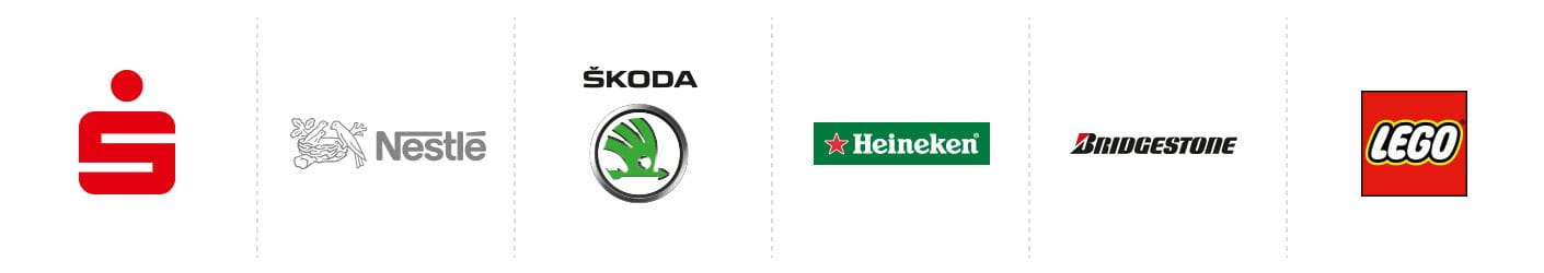 Logos von Unternehmen: Sparkasse, Nestlé, Škoda, Heineken, Bridgestone, LEGO.