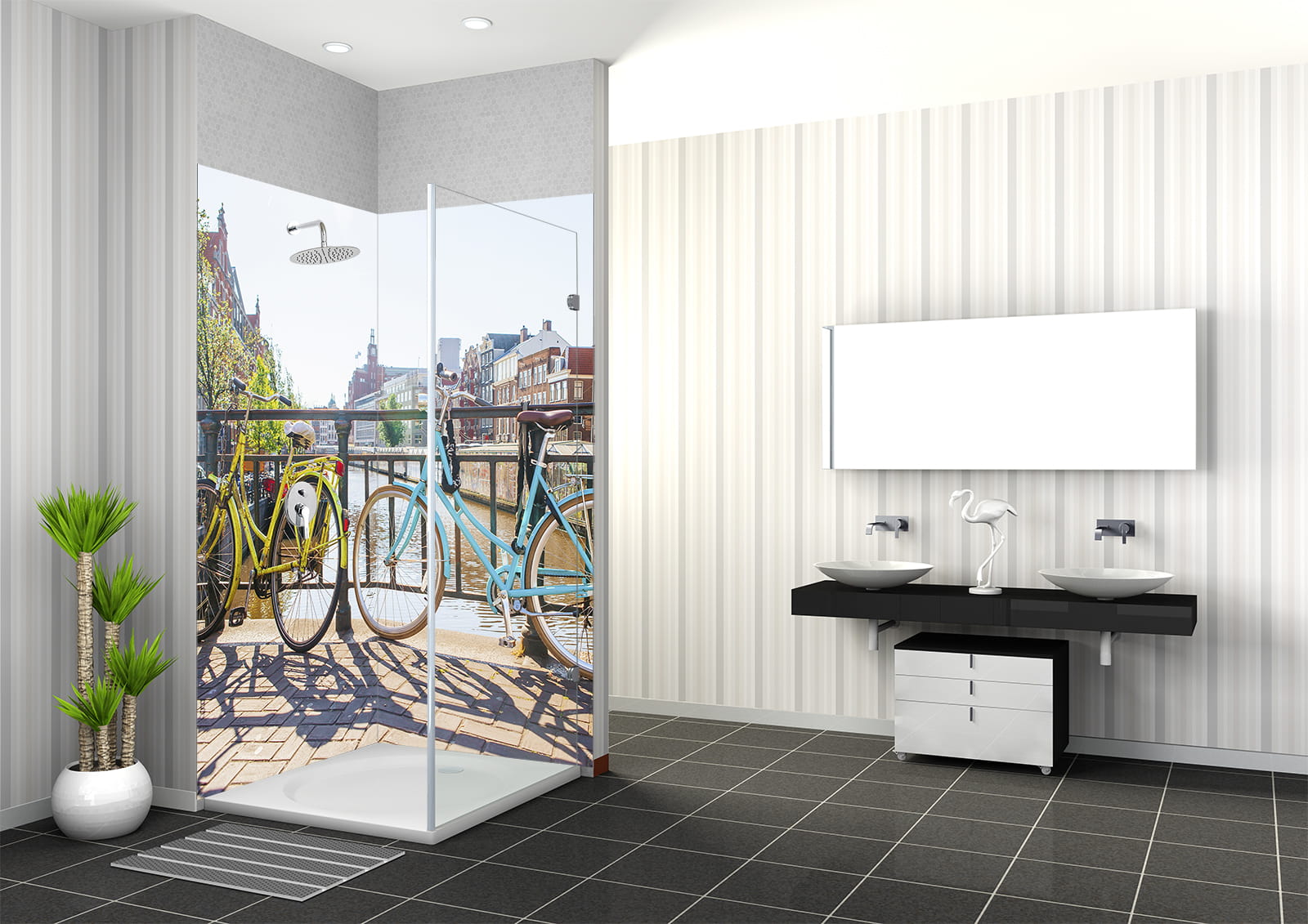Moderne Badezimmeransicht mit Dusche und zwei Waschbecken, Blick auf Fahrräder in Amsterdam durch große Fenster.