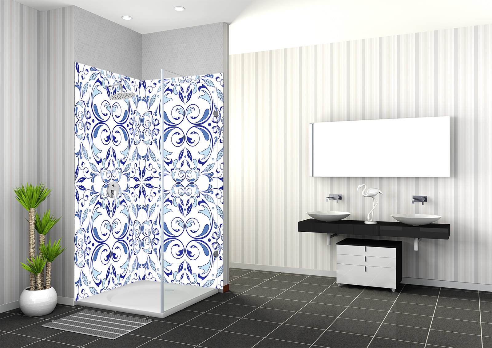 Duschabtrennung mit italienischem Mosaik-Fliesenmuster in blau und weiß, modernes Badezimmer mit Doppelwaschbecken und Pflanzen.