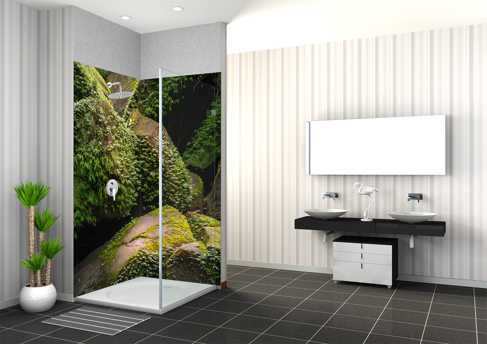 Dusche mit Wandgestaltung 'Felsen Mit Moos', moderne Badezimmerausstattung, Pflanzen im Raum.