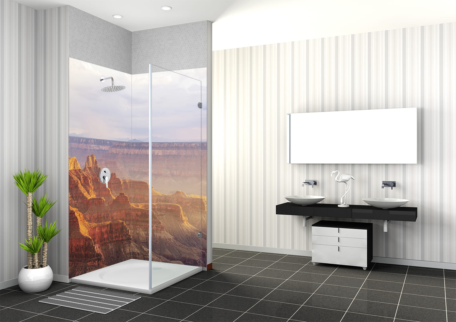 Duschbereich mit Glasabtrennung, die eine Canyon-Landschaft zeigt, moderne Badezimmermöbel mit zwei Waschbecken.