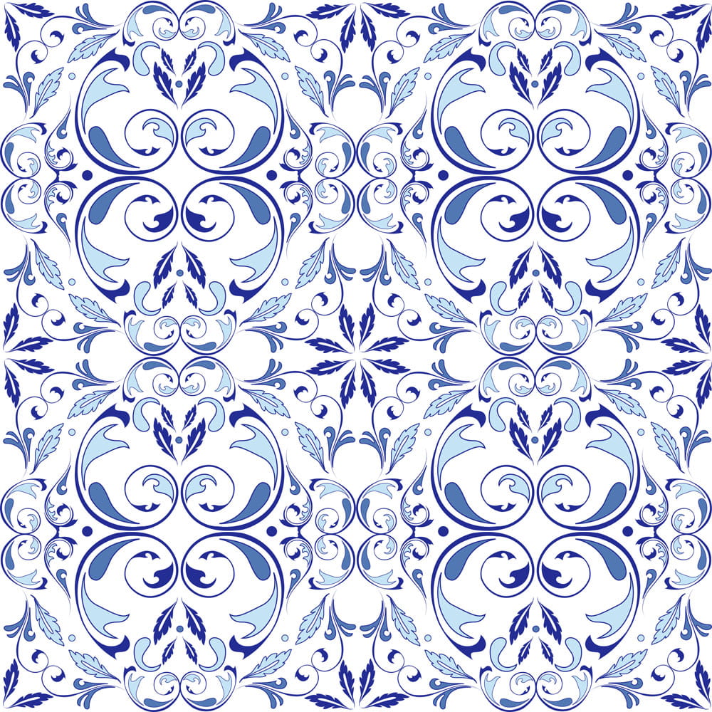 Mosaikfliesen mit einem detaillierten, blauen und weißen orientalischen Muster.