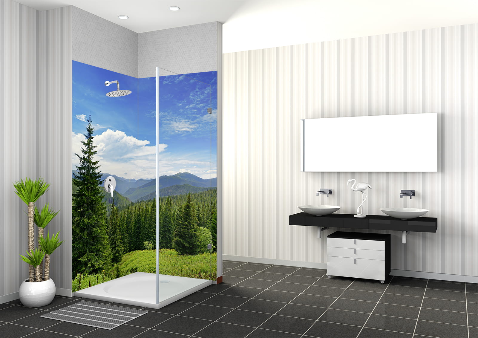 Dusche mit Wandgestaltung 'Grüner Wald', zeigt eine Landschaft mit Bäumen und Bergen, moderne Badezimmerausstattung.