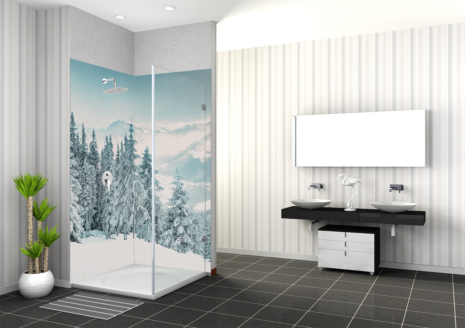 Duschbereich mit Winterlandschafts-Motiv, moderne Badezimmerausstattung, zwei Waschbecken und Pflanzen.