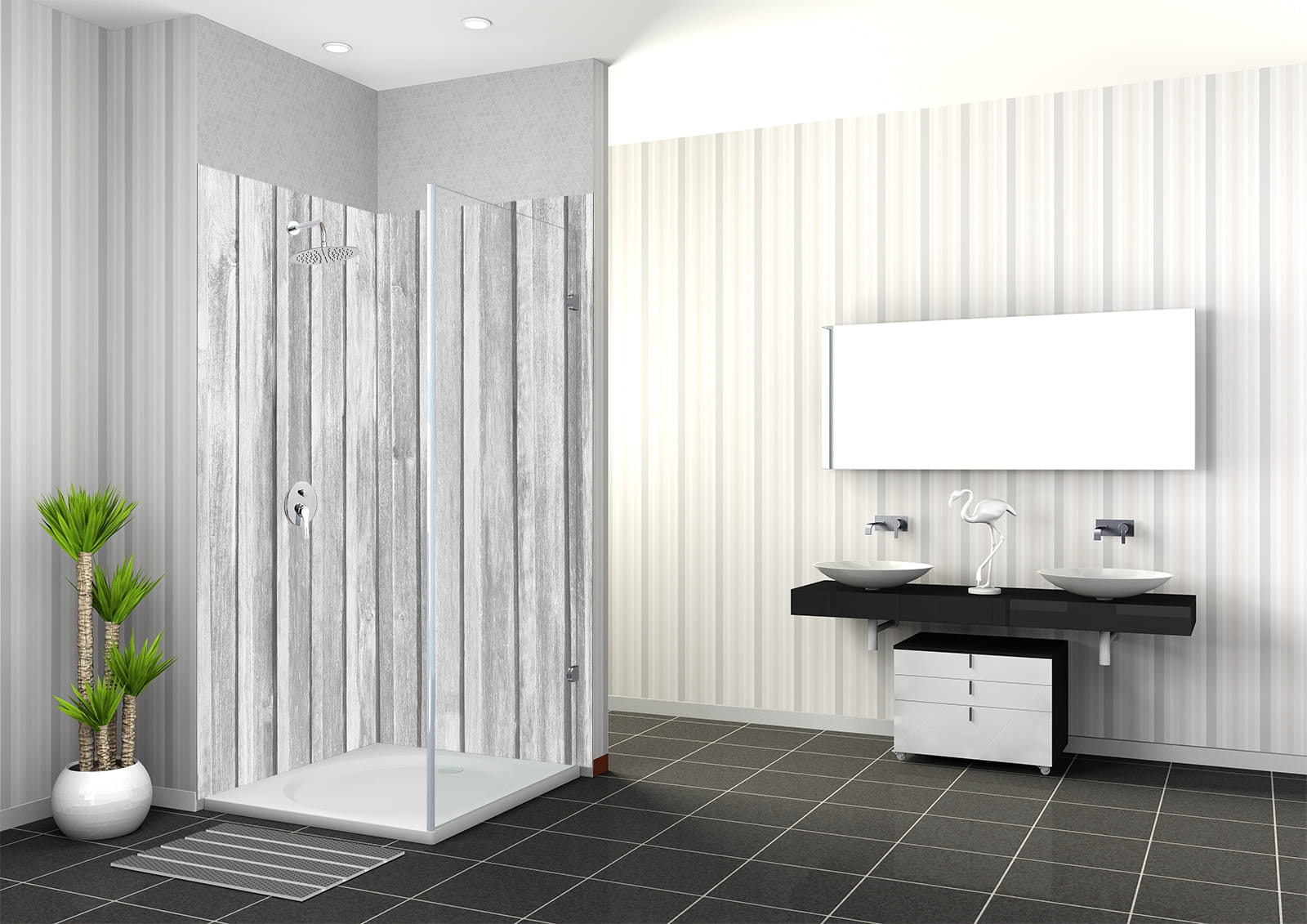 Duschbereich mit weißem Holz, moderner Badezimmerausstattung und Waschbecken.