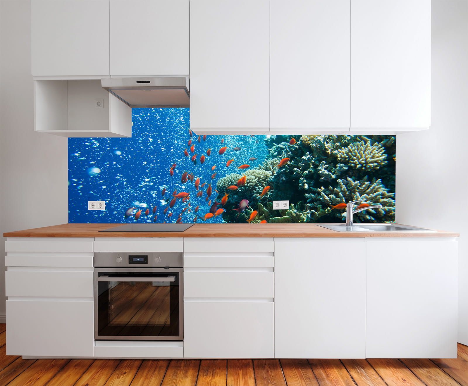 Küchenrückwand mit einem Unterwasserbild von Korallen und bunten Fischen.