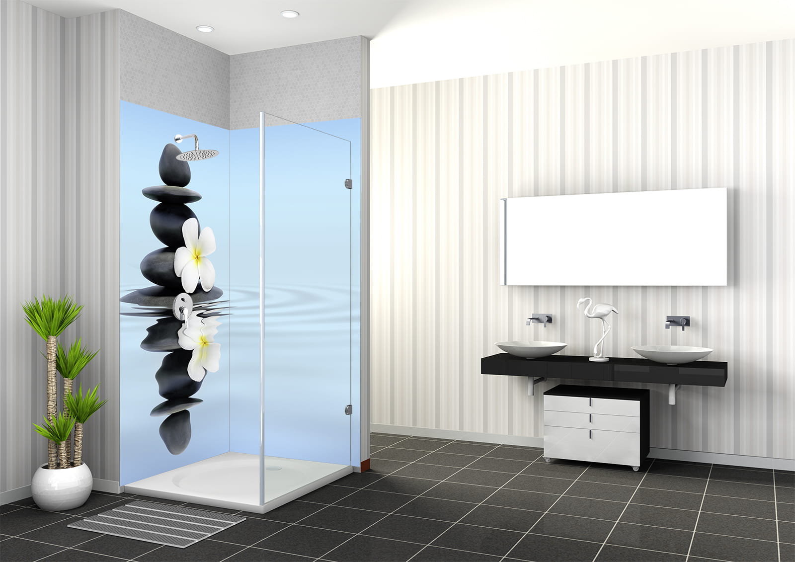 Duschbereich mit Glaswand, die Steine und Blumen zeigt, modernes Badezimmerdesign mit zwei Waschbecken.