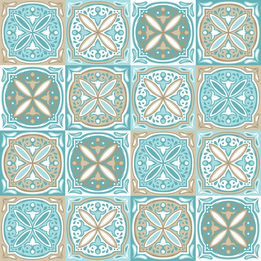 Mosaikfliesen mit grünem Muster in quadratischer Anordnung, kombiniert mit beige und hellblauen Akzenten.