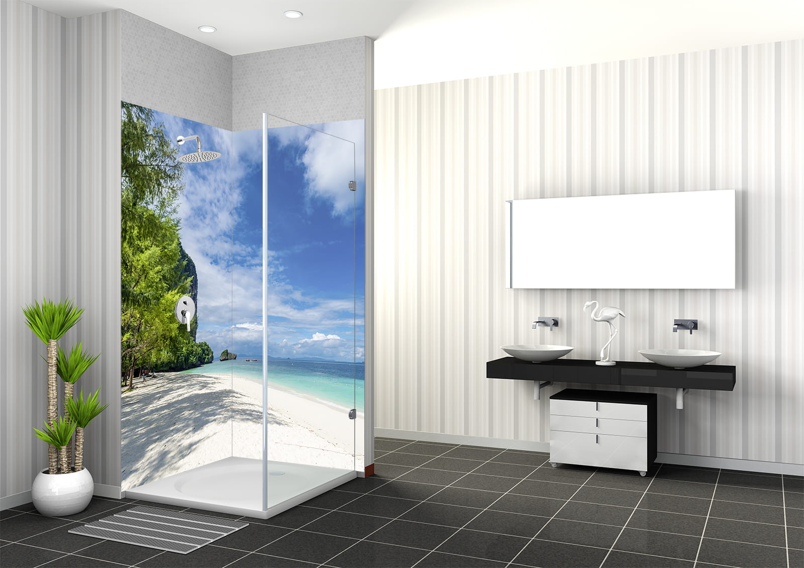 Duschkabine mit Karibik-Strandmotiv, moderne Badezimmerausstattung mit zwei Waschbecken und Pflanzen.